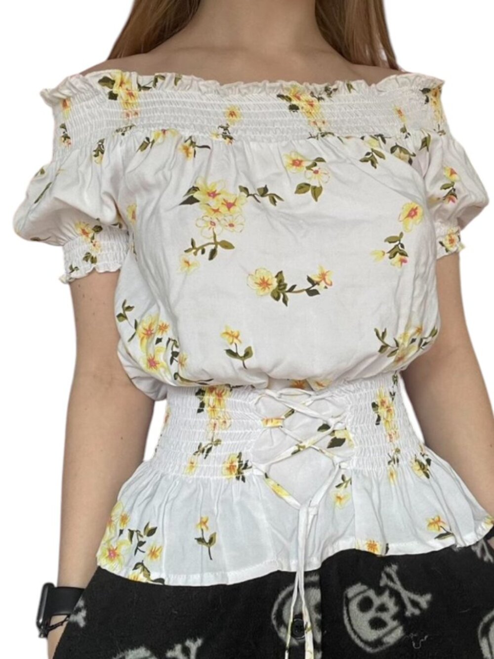 Rue 21 Off Shoulder Blouse Top Shirt Smocked Cinch Peplum Floral L NWT